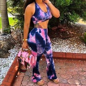 Blue Spandex Sexy Tie Dye Skinny Two Piece Set